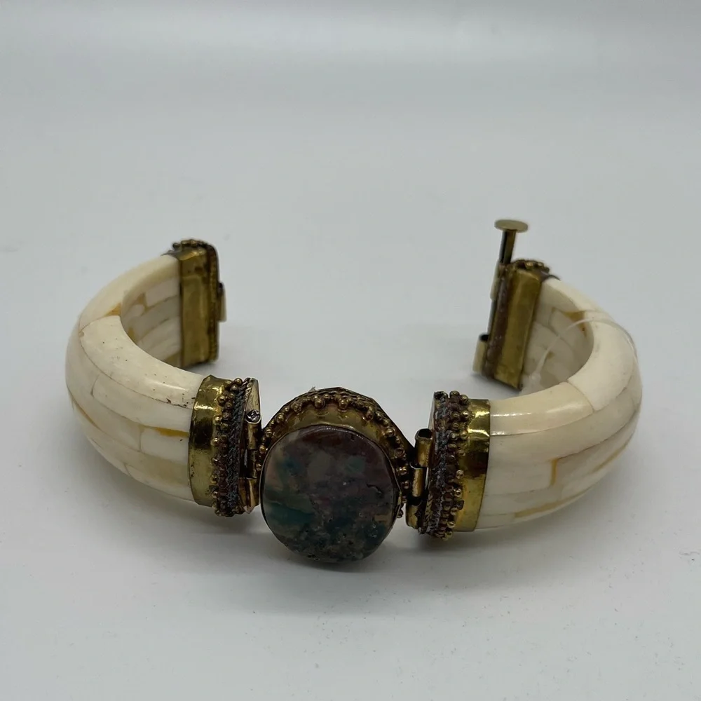 Vintage Ethnic Cuff Bracelet Wood Bone Agate Stone